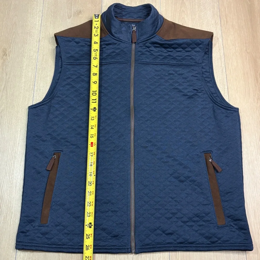 Cremieux Classics Mens Quilted Vest Navy Blue Brown Suede Trim Full Zip Large